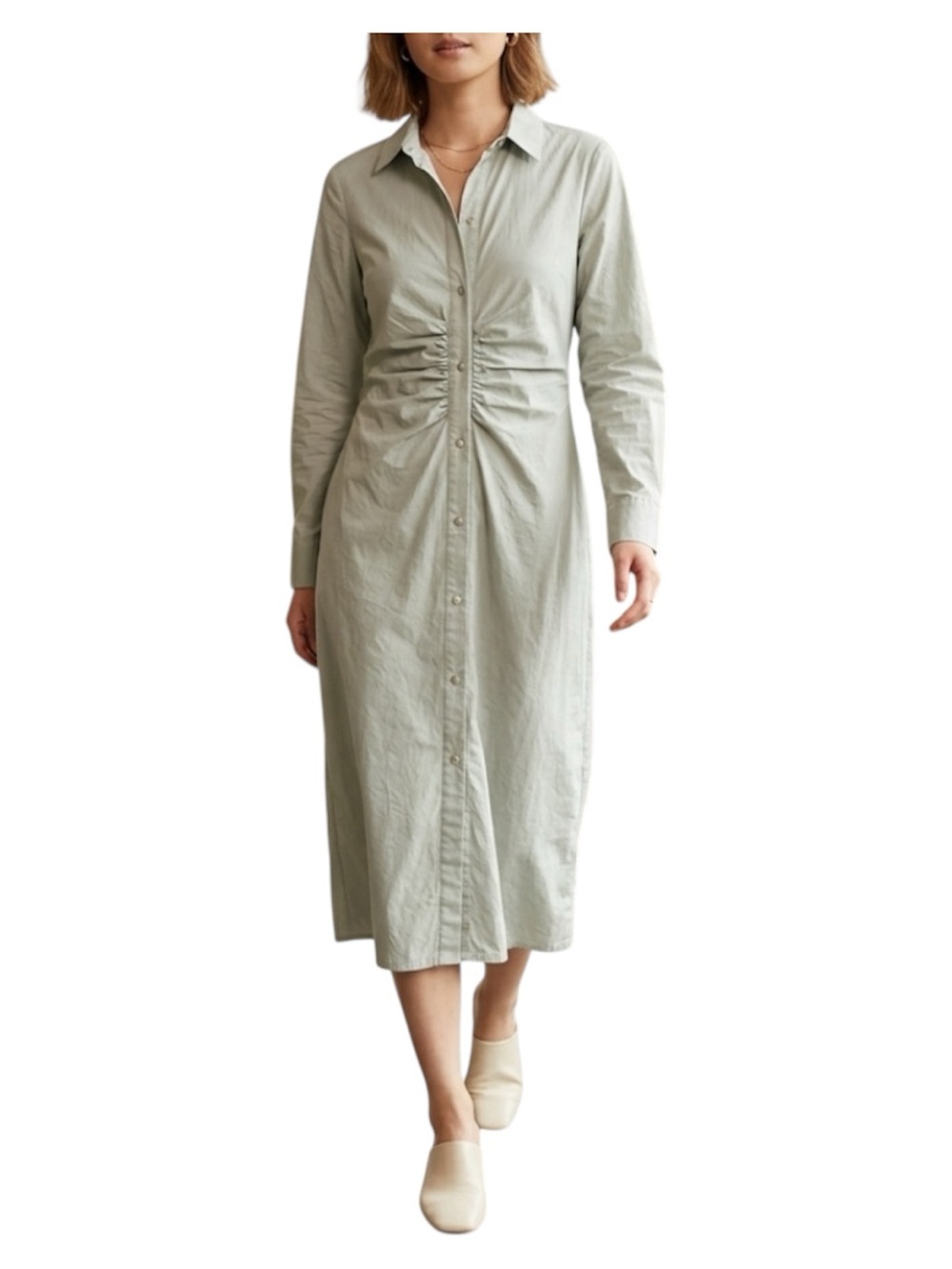 Sim & Sam Sage Green Ruched Cotton Midi Shirt Dress Button Front NWT Large